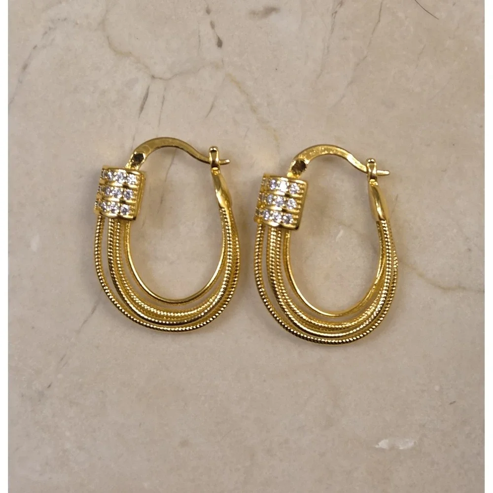 Stunning Sterling Silver Chandelier Hoop Earrings Pave CZ 30mm Bright Gold Tone